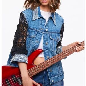 Alice + Olivia Jeff Embellished Lace Sleeve Denim Jacket